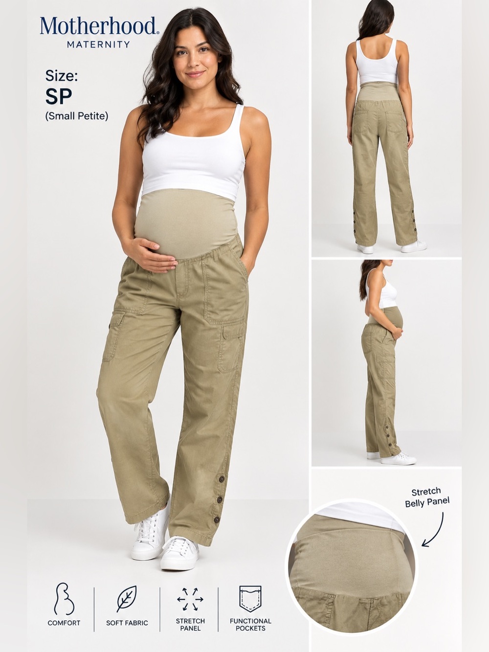 Motherhood Maternity Khaki Cargo Pants SP Stretch Belly Panel pregnancy style
